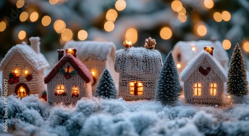 Crochet Houses With Glowing Windows and Festive Lights on a Winter Evening