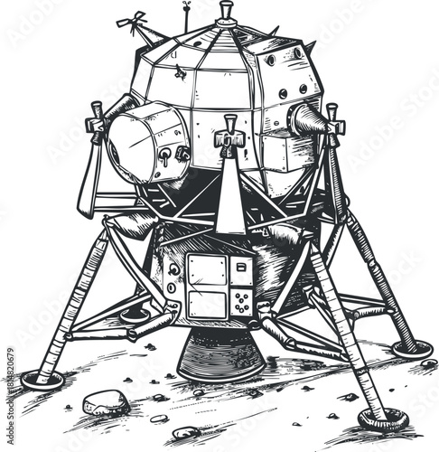 Detailed black and white vector illustration of a lunar lander spacecraft, ideal for space exploration themes and educational materials