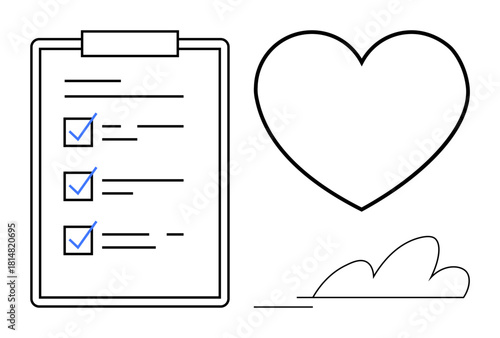 Simple checklist with blue checkmarks, heart outline symbolizing care, and minimal cloud shape. Ideal for productivity, self-care, health, goals, mindfulness organization simplicity. Clean flat