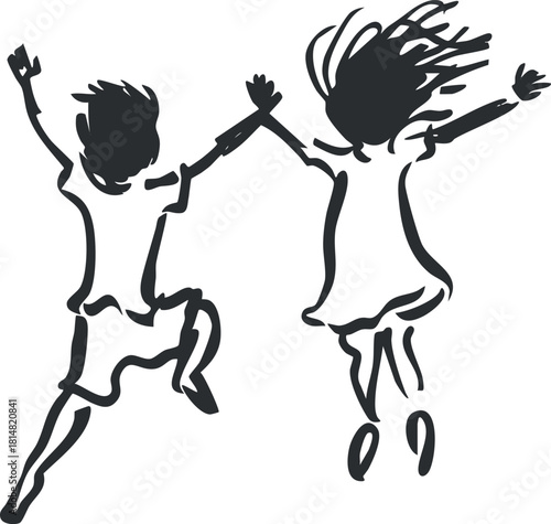 Dynamic silhouette vector illustration of two joyful children playing and jumping together, perfect for themes of happiness and friendship.