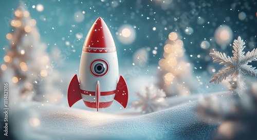 Holiday-themed Rocket in Winter Wonderland With Sparkling Snowflakes and Fest...