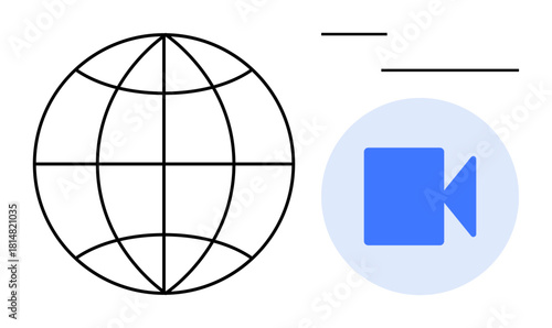 Globe outline symbolizing worldwide reach beside blue video camera icon for communication. Ideal for technology, remote work, digital interaction, teamwork, global interaction, video chat, modern