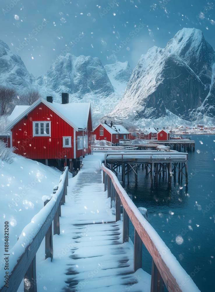 Fototapeta premium Snowy Red Cabins by the Fjord Surrounded by Mountains in a Winter Landscape