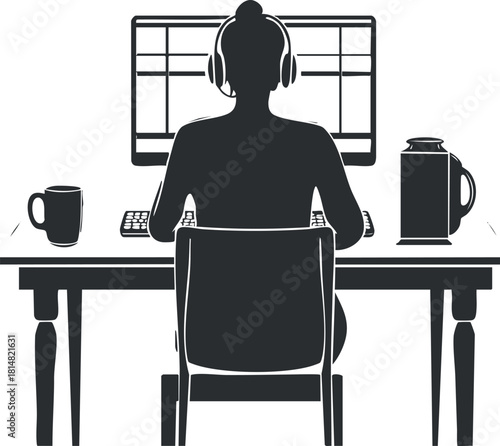 Minimalist silhouette vector illustration of a person working remotely at a desk with headphones and a laptop, ideal for modern work concepts