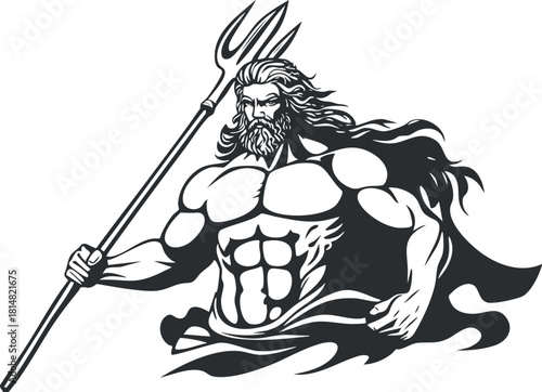Bold vector illustration of a muscular ocean god with a trident, showcasing strength and power in a dynamic pose.