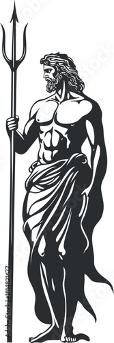 Stylized vector illustration of Poseidon, the Greek god of the sea, featuring a trident and muscular physique