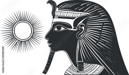 Stylized black and white vector illustration of an Egyptian goddess with a sun symbol for cultural and historical design projects