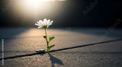 Fototapeta Naklejka Na Ścianę i Meble -  Small white flower growing through a crack in concrete with strong backlighting