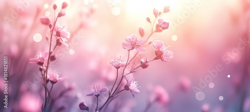 Delicate Pink Flowers Bloom Under Soft Sunlight in a Serene Spring Garden