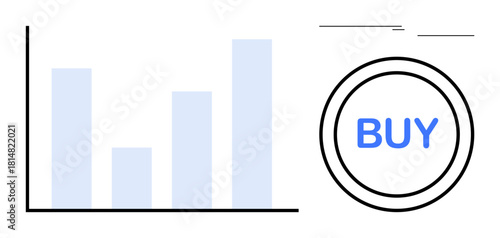 Light blue bar chart emphasizing growth alongside a circular Buy button. Ideal for data analysis, marketing strategy, sales growth, business investment, e-commerce promotion, progress tracking