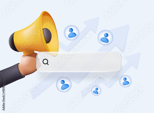 Online Hiring 3D render vector illustration. Hand with megaphone and search bar and up arrow. Job search on internet. Career opportunity. Offer about new vacancy. Contemporary vector illustration