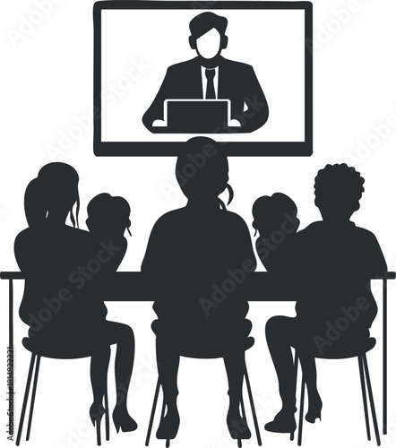 Silhouette vector illustration of a group of people participating in a video conference meeting on a digital screen