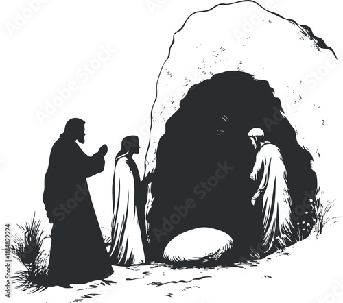 Silhouette vector illustration of the biblical resurrection scene featuring figures near a tomb for religious contexts and designs