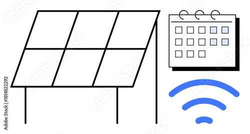 Solar panel beside calendar and wireless icon, emphasizing renewable energy, smart scheduling, and technology. Ideal for sustainability, tech, efficiency, planning, solar power connectivity simple