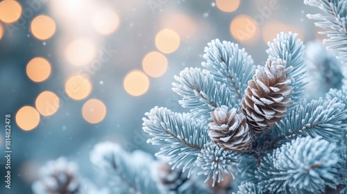 Snowy Pine Branches Adorned With Pinecones and Warm Bokeh Lights on a Winter ...