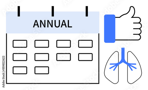 Annual checkup concept. Annual health monitoring with calendar, lungs illustration, and a thumbs up icon. Annual reminders for preventative healthcare and medical appointments. Perfect for medical