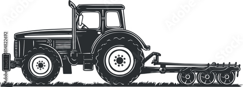 Black and white vector illustration of a classic tractor for agricultural themes and farming projects