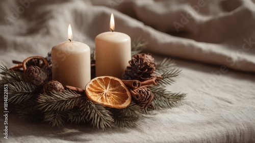 Two Advent Candles in Traditional Evergreen Wreath, Minimalist Christmas Still Life