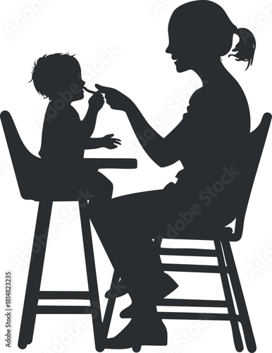 Silhouette vector illustration of a parent feeding a child in a high chair, depicting love and nurturing in a minimalist style