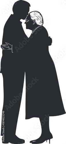 Stylized silhouette vector illustration of a couple embracing, perfect for romantic themes and design projects