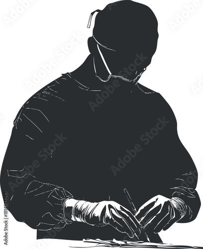 Silhouette vector illustration of a surgeon performing a medical procedure, ideal for healthcare and medical design projects