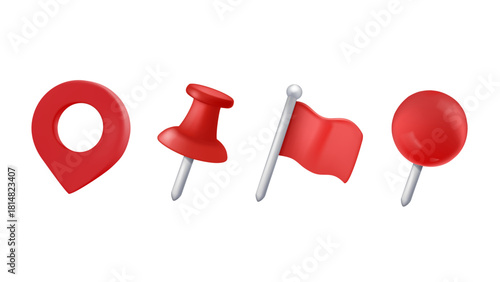 Red pin, map markers showcasing location, navigation, and identification uses. 3D render vector illustration. GPS
