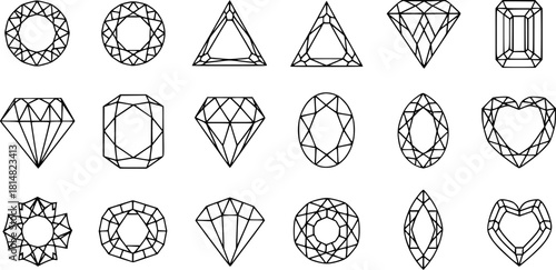 Diamond gem jewel gemstone line icon vector set
