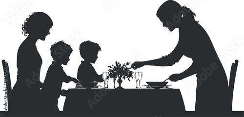 Elegant silhouette illustration of a family enjoying dinner together, featuring a mother serving food to her children at the table.