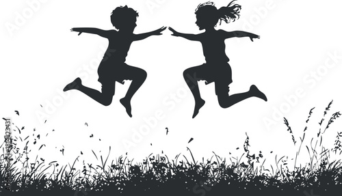Silhouette vector illustration of two children joyfully jumping together in a grassy field, symbolizing freedom and friendship.