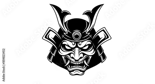 Intricate Black and White Samurai Mask Illustration with Horns and Fangs.