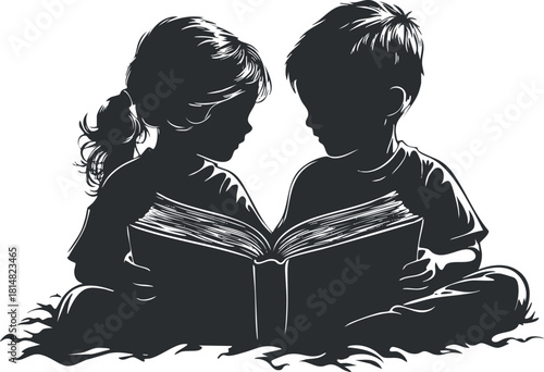 Silhouette vector illustration of two children reading a book together, perfect for educational materials and children's content