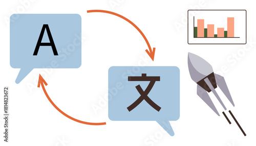 Speech bubbles with language characters and arrows imply translation. Bar chart and rocket symbolize growth, communication, and success. Ideal for technology, globalization, efficiency, strategy