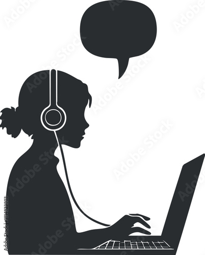 Silhouette vector illustration of a woman with headphones using a laptop, featuring a speech bubble for communication concepts