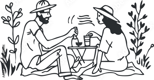 Charming black and white vector illustration of a couple enjoying a picnic in nature, perfect for lifestyle and leisure themes