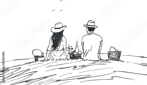 Minimalist black and white vector illustration of a couple sitting on the beach, enjoying a serene moment together.