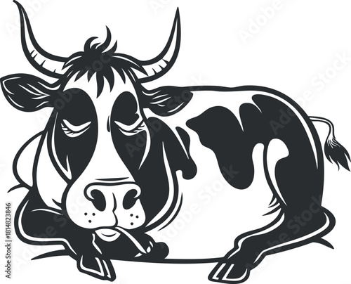 Charming black and white vector illustration of a resting cow, perfect for farm-themed projects and designs