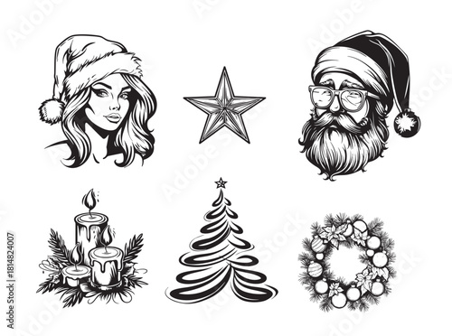 Merry Christmas. Happy New Year. Typography set. Vector logo, emblems Usable for banners, greeting cards, gifts etc.