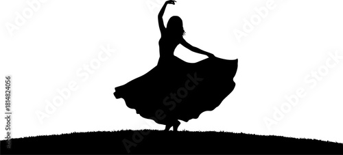 Elegant woman silhouette dancing on hill at sunset with flowing dress and colorful sky for lifestyle and design backgrounds
