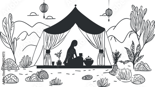 Minimalist black and white vector illustration of a person creating pottery inside a tent in a serene outdoor setting