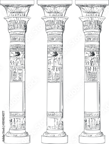 Detailed outline vector illustration of three ancient Egyptian columns featuring hieroglyphs and ornate designs for architectural and historical projects