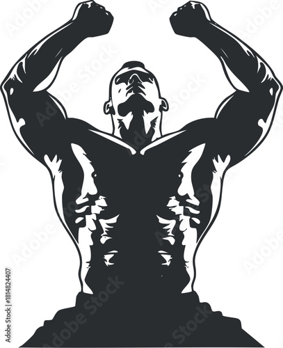 Bold silhouette vector illustration of a muscular man posing triumphantly, ideal for fitness and health branding projects