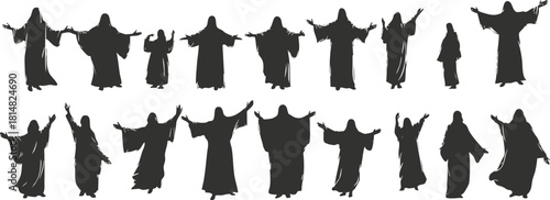 Silhouette vector icon set showing diverse figures with raised arms in a variety of poses for creative projects
