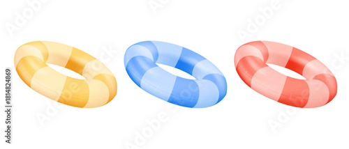 3D Inflatable swimming rings set. Bright pool rings of yellos, blue and red. Rubber pool toy. Swim lifesaver summer time