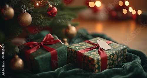 Beautifully Wrapped Christmas Gifts Under a Decorated Tree With Soft Lights i...