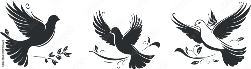 Fototapeta premium Elegant black and white vector illustration set of flying birds with floral embellishments for nature-themed design projects