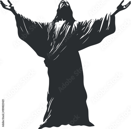 Silhouette vector illustration of a figure with outstretched arms, representing faith and spirituality in modern design