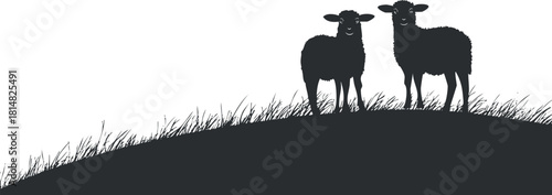 Silhouette vector illustration of two sheep standing on a grassy hill, ideal for rural or agricultural themes