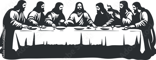 Black and white vector illustration of the Last Supper featuring Jesus and his disciples, perfect for religious art and design projects