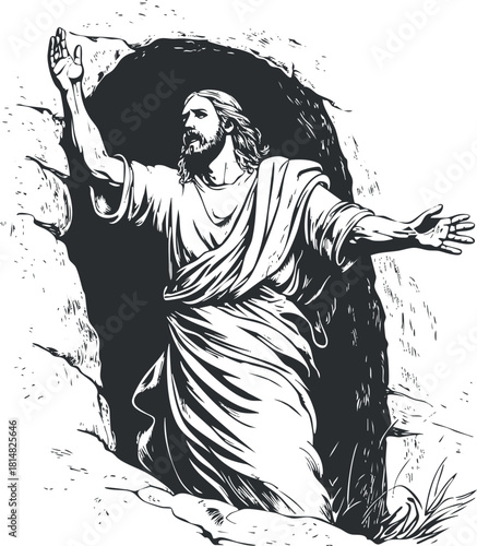 Detailed black and white vector illustration of Jesus emerging from the tomb, symbolizing resurrection and faith for religious art and design projects