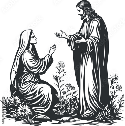 Black and white vector illustration depicting Jesus and Mary in a moment of prayer and grace, suitable for religious themes and spiritual projects